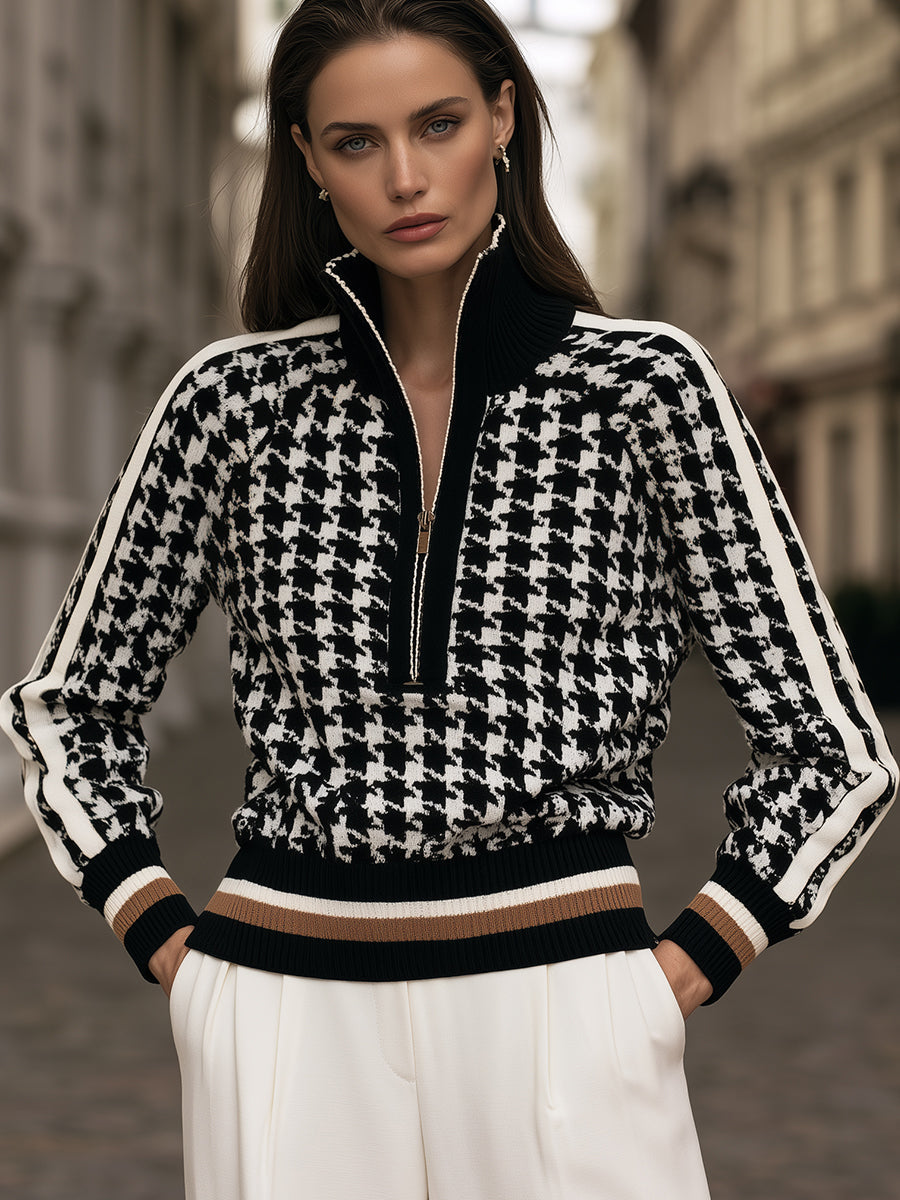 Houndstooth Knit Sweater with Quarter-Zip Stand Collar for Women