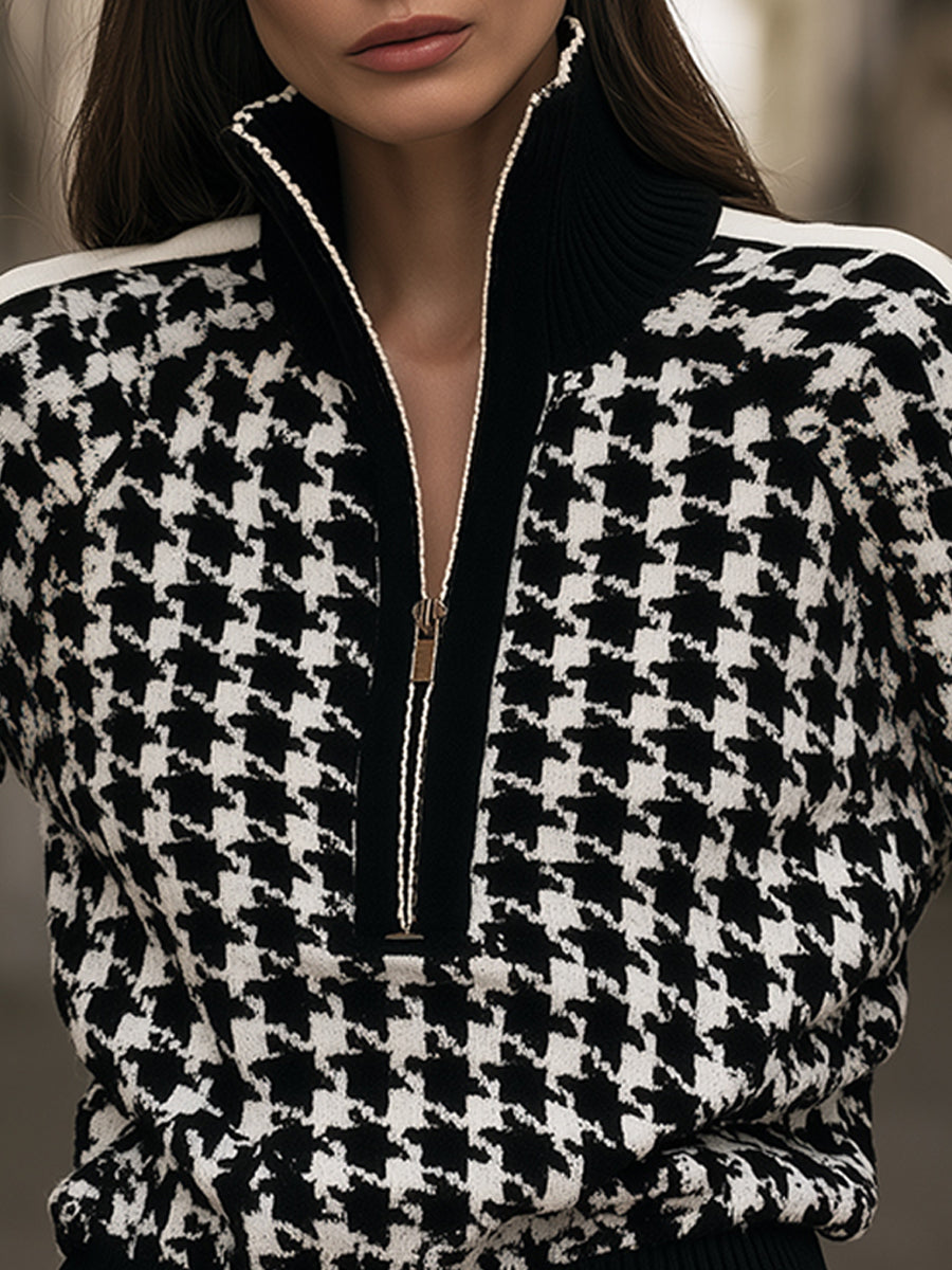 Houndstooth Knit Sweater with Quarter-Zip Stand Collar for Women