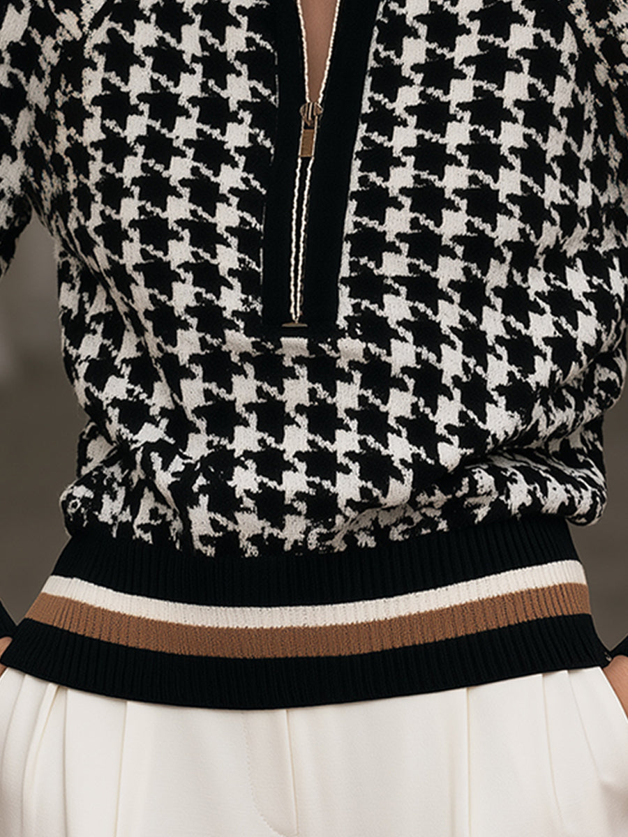 Houndstooth Knit Sweater with Quarter-Zip Stand Collar for Women