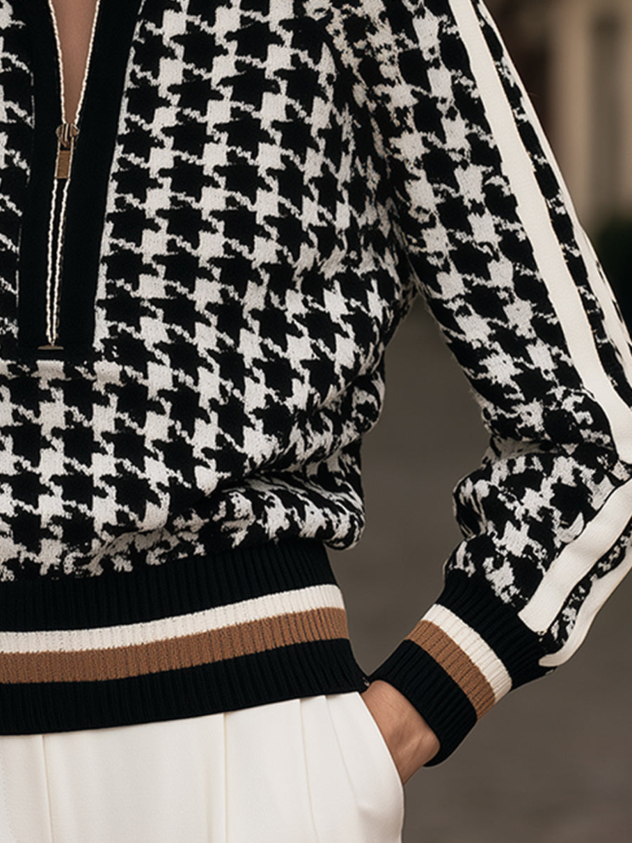 Houndstooth Knit Sweater with Quarter-Zip Stand Collar for Women