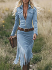 FJØRNA tassel midi dress in casual style, showcasing flowing fabric, tassel details, and a relaxed fit perfect for everyday wear.