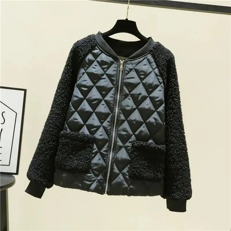 Bomber Jacket Women Quilted Plush Trim Zip Front Cropped