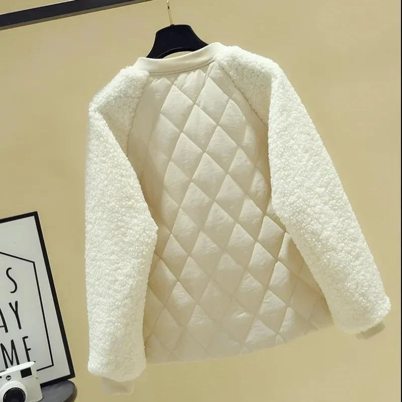 Bomber Jacket Women Quilted Plush Trim Zip Front Cropped