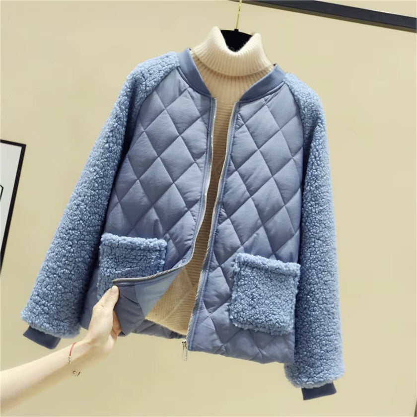 Bomber Jacket Women Quilted Plush Trim Zip Front Cropped