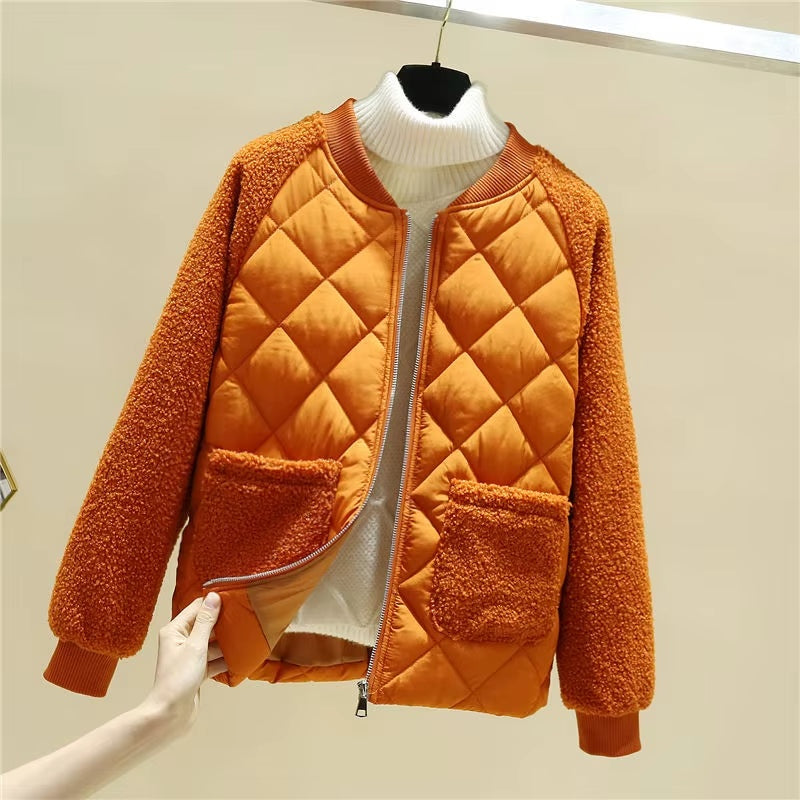 Bomber Jacket Women Quilted Plush Trim Zip Front Cropped