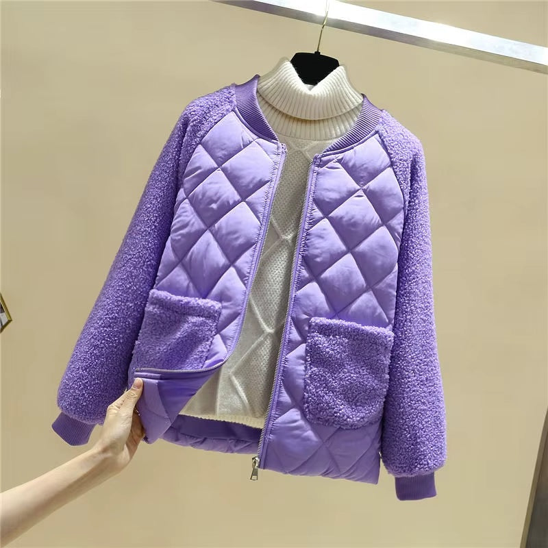 Bomber Jacket Women Quilted Plush Trim Zip Front Cropped