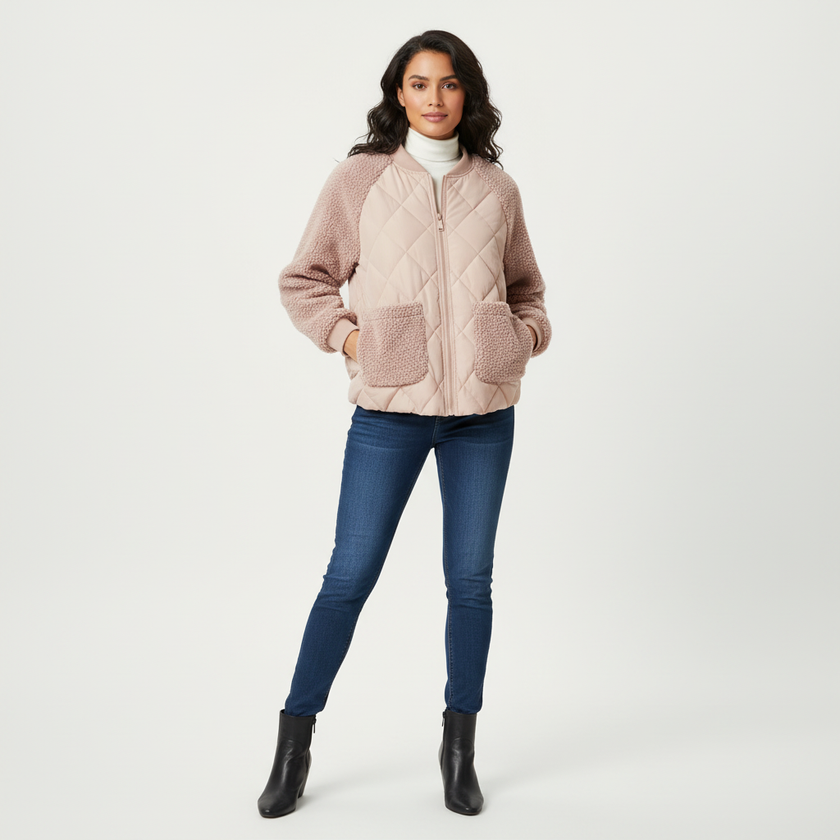 Bomber Jacket Women Quilted Plush Trim Zip Front Cropped