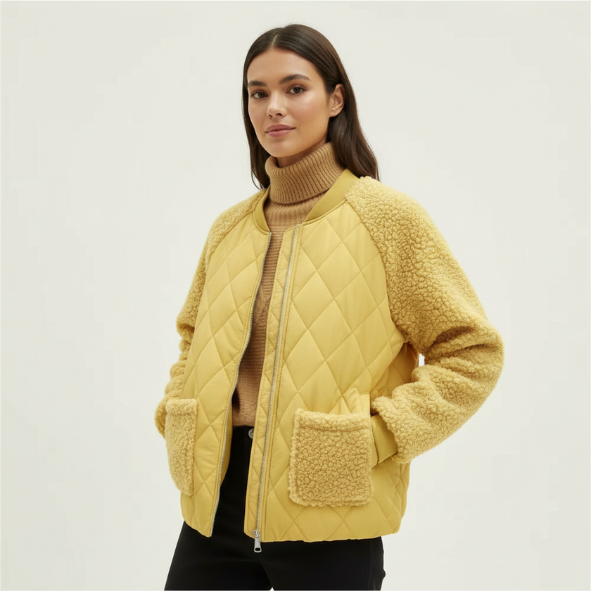 Bomber Jacket Women Quilted Plush Trim Zip Front Cropped