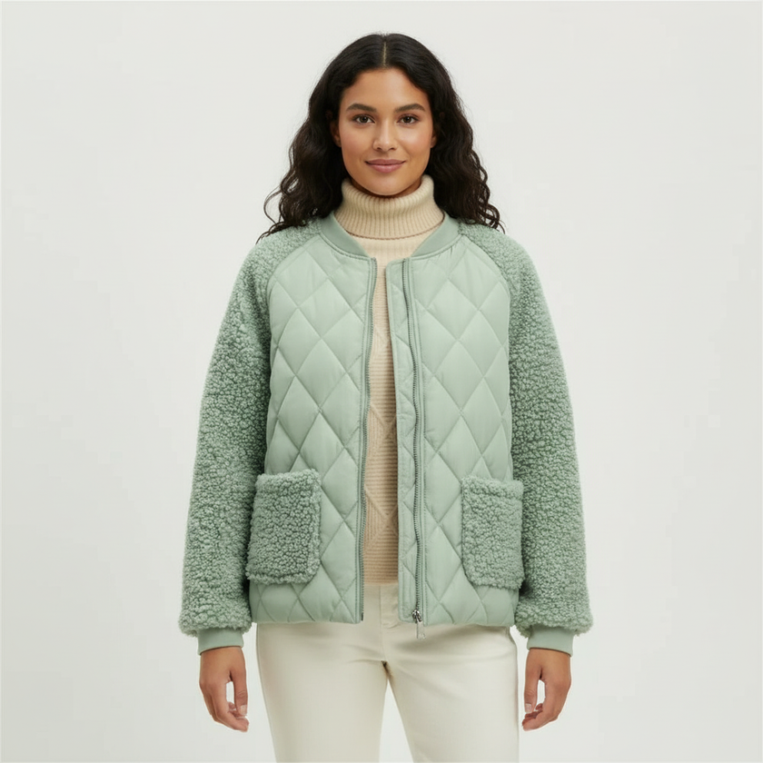 Bomber Jacket Women Quilted Plush Trim Zip Front Cropped