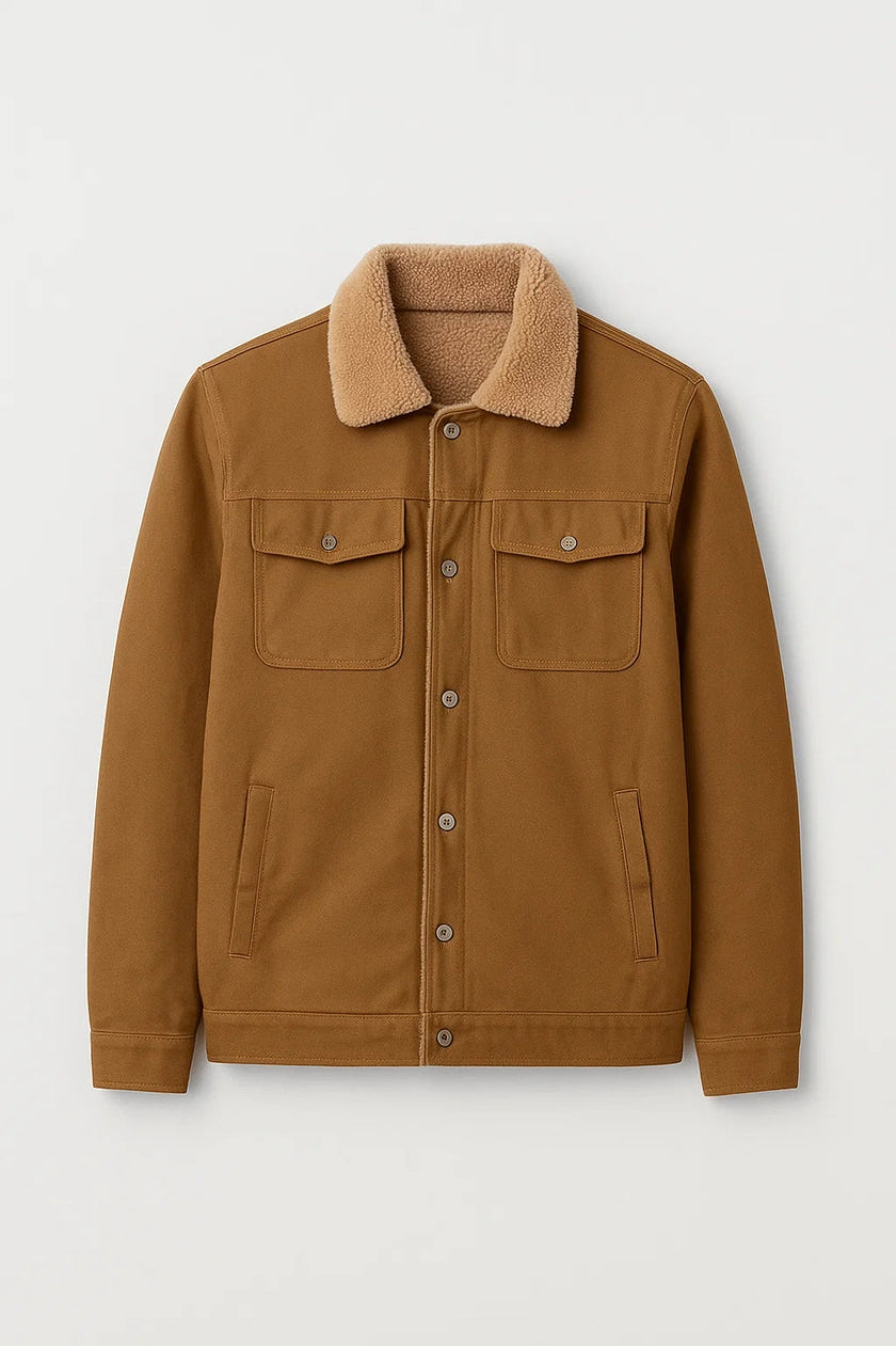 Button-Up Jacket Men Sherpa-Lined Collar Chest Pockets Regular Fit