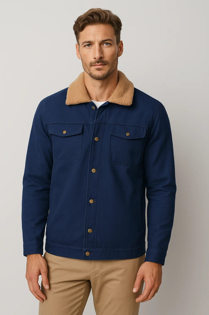 Button-Up Jacket Men Sherpa-Lined Collar Chest Pockets Regular Fit