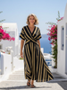 FJØRNA women's summer midi dress with short sleeves, V-neck, and striped pattern, perfect for warm-weather wear.