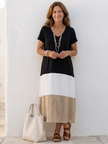 FJØRNA women's summer midi dress with short sleeves, V-neck, color block design, casual style perfect for warm weather.