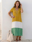 FJØRNA women's summer midi dress with V-neck, short sleeves, color block design, perfect for casual warm-weather wear