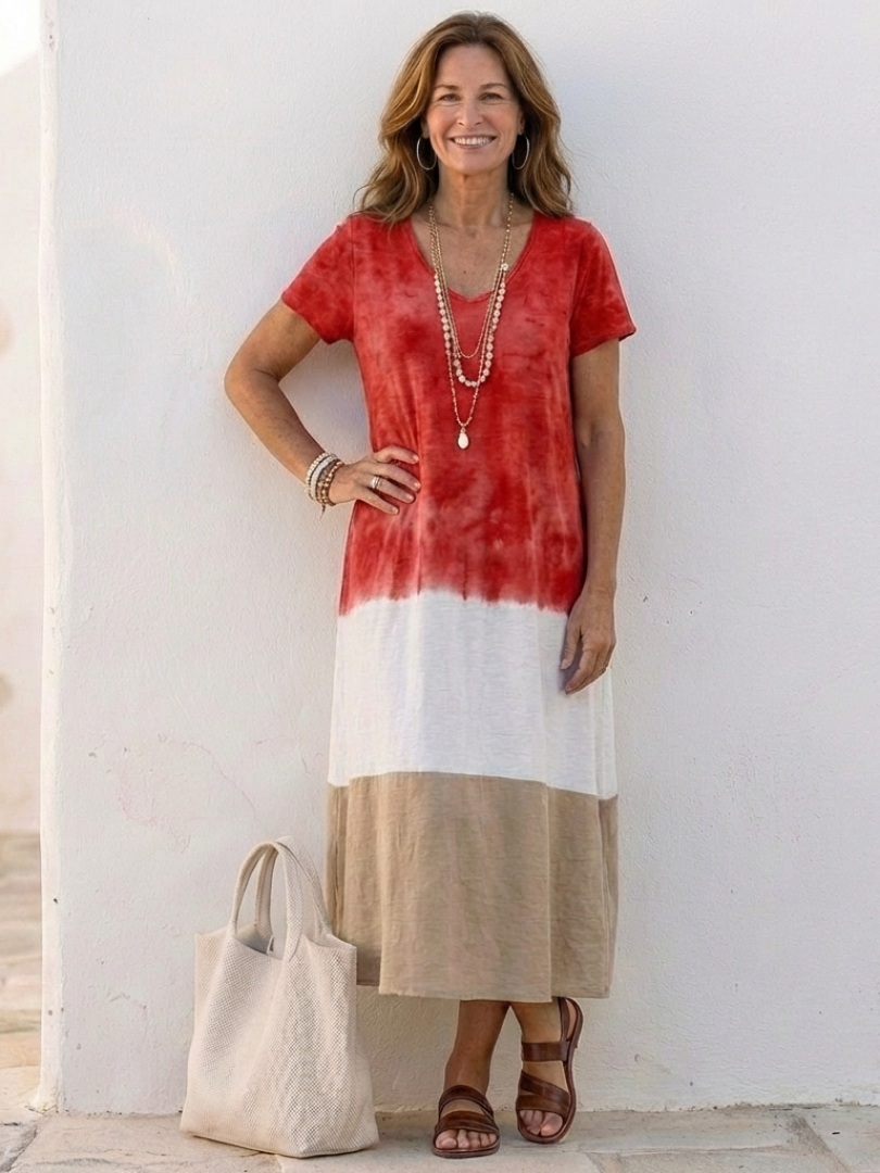 FJØRNA summer midi dress for women, short sleeve wrap style with color block V-neck, casual and stylish for warm weather.
