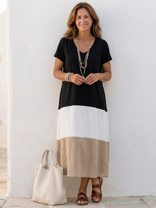 FJØRNA summer midi dress for women with short sleeves, color block design, wrap style, V-neck, casual and stylish.