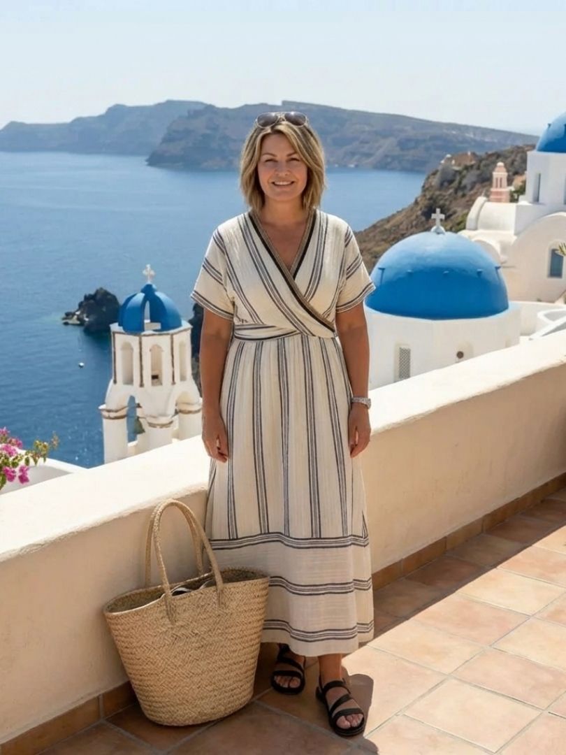 FJØRNA summer midi dress for women with short sleeves and wrap style, featuring a flowy, elegant design perfect for warm weather.
