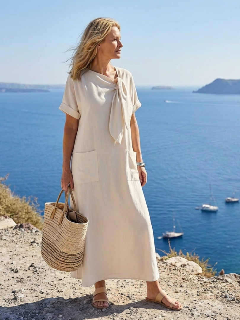 FJØRNA summer maxi dress for women with short sleeves and pockets, flowing lightweight fabric, ideal for warm weather.