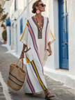 FJØRNA women's summer maxi dress with V-neck and short sleeves, flowing fabric ideal for warm weather.