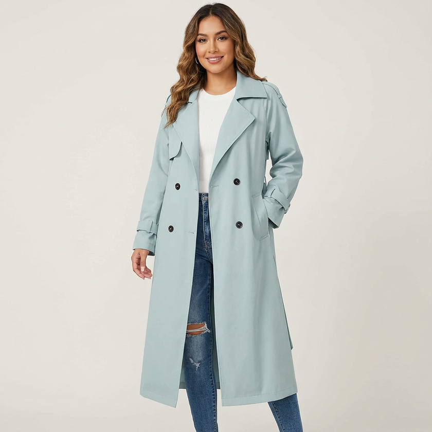 Trench Coat Women Long Belted Lapel Collar Classic