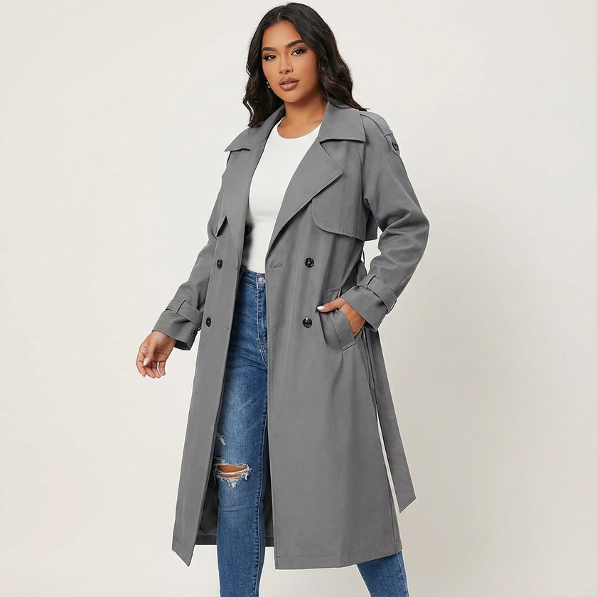 Trench Coat Women Long Belted Lapel Collar Classic
