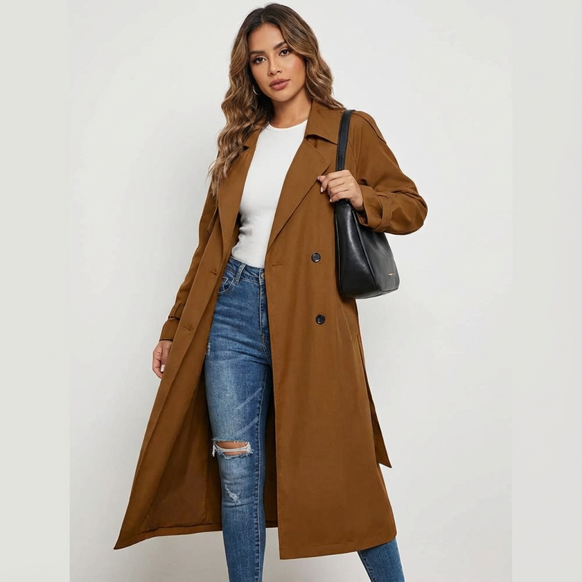 Trench Coat Women Long Belted Lapel Collar Classic