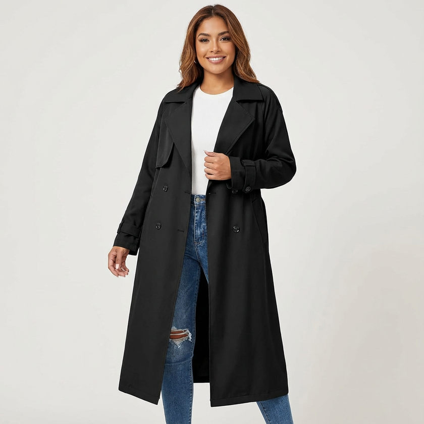 Trench Coat Women Long Belted Lapel Collar Classic