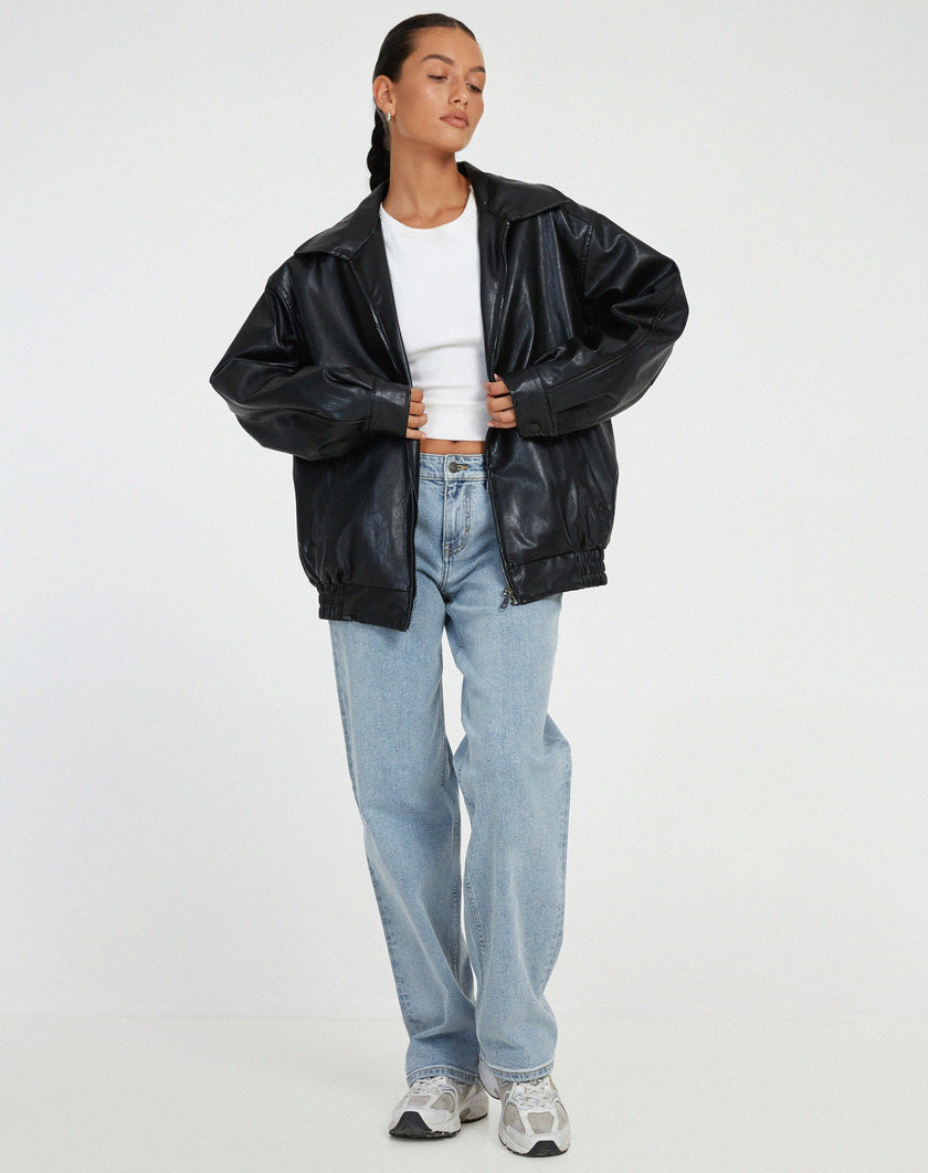 Vegan Leather Jacket Women Oversized with Front Zip