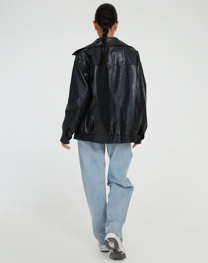 Vegan Leather Jacket Women Oversized with Front Zip