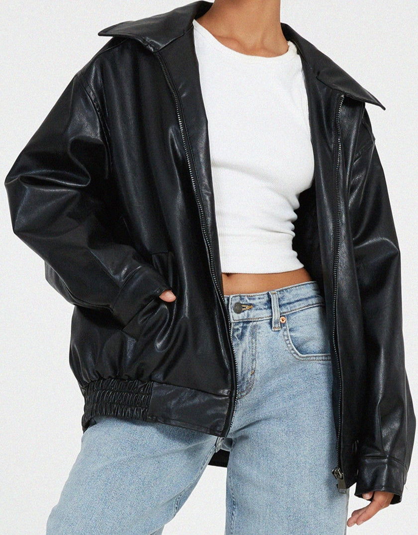 Vegan Leather Jacket Women Oversized with Front Zip