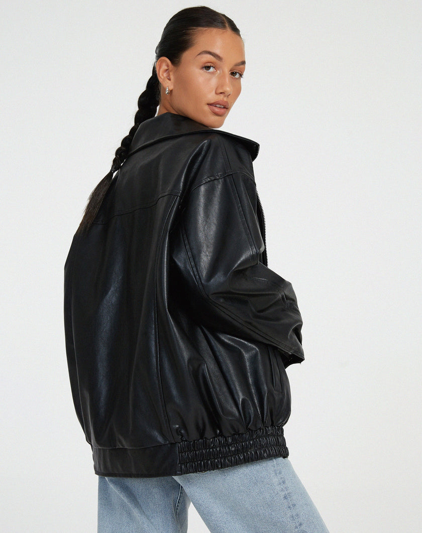 Vegan Leather Jacket Women Oversized with Front Zip
