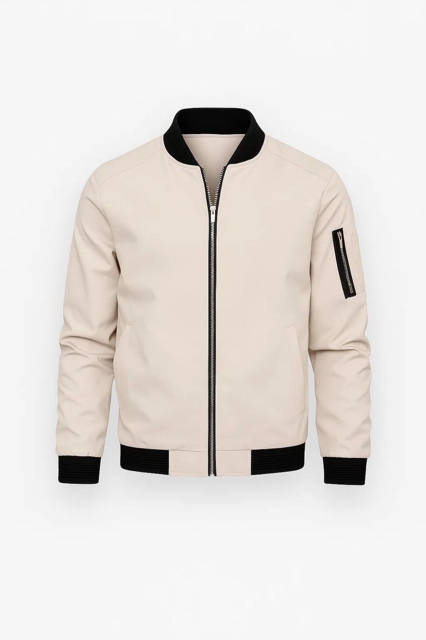 Bomber Jacket Men Two-Tone Contrast Zip Sleeve Pocket Ribbed Collar