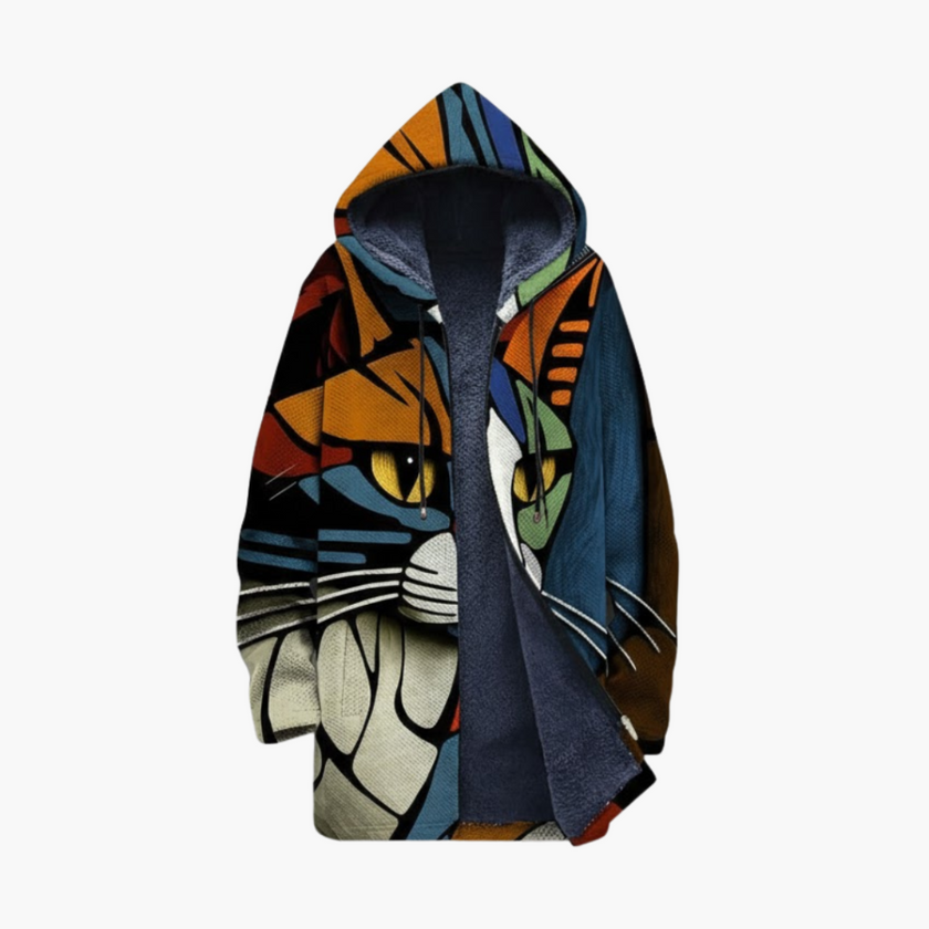 Hooded Jacket Women Cat Print Longline Zip Front