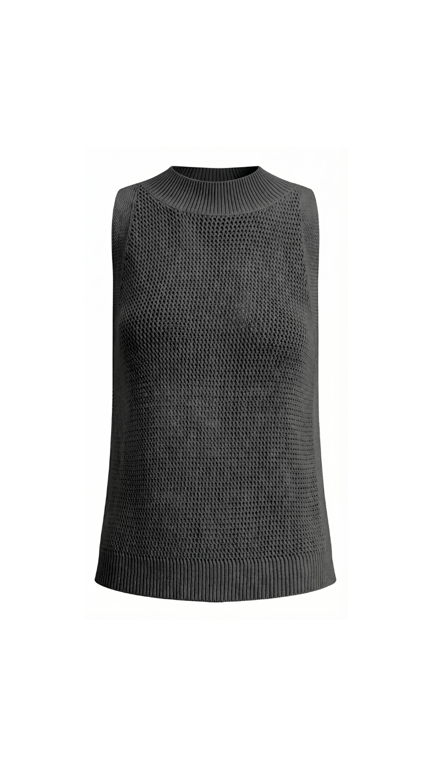 Open Knit Tank Top Women Sleeveless Round Neck Semi-Sheer