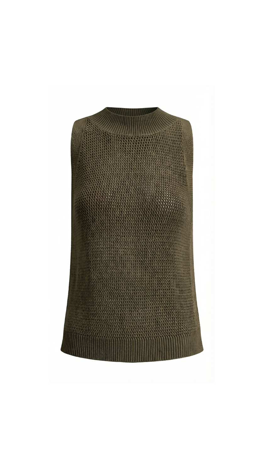 Open Knit Tank Top Women Sleeveless Round Neck Semi-Sheer