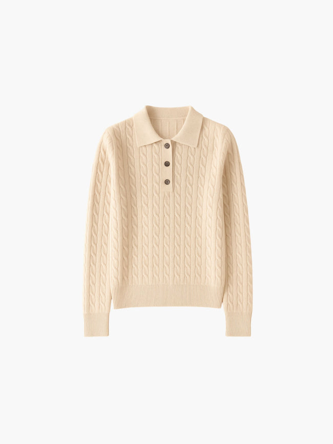 Cable Knit Polo Sweater Women Wool Cashmere Blend Winter