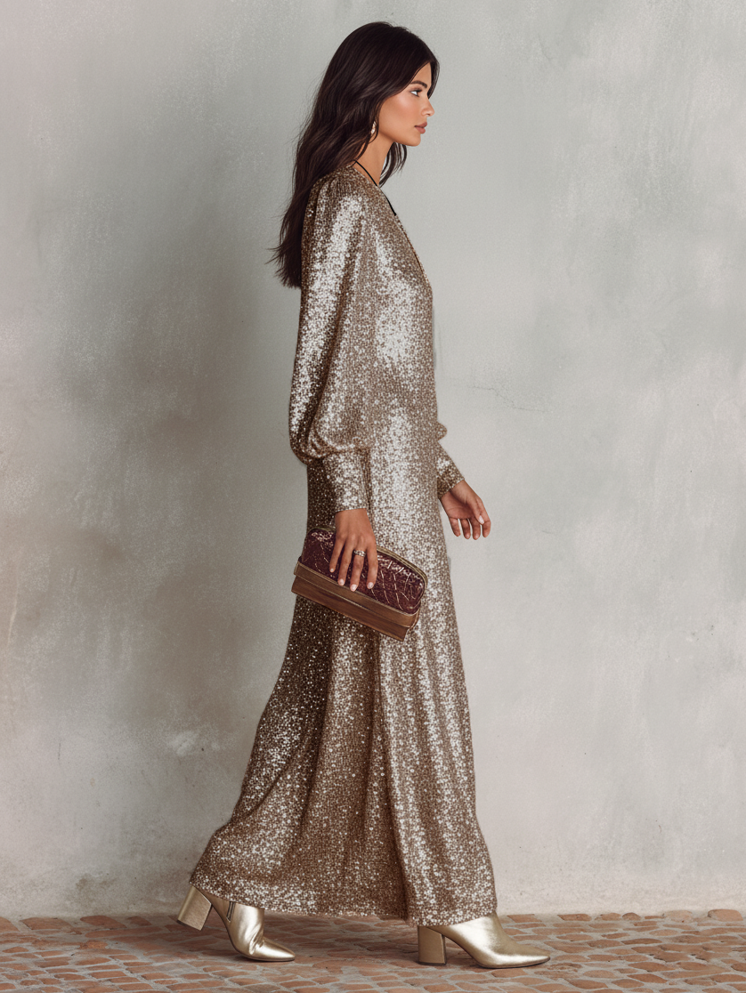 FJØRNA V-neck maxi dress, elegant cocktail dress in flowing fabric with a fitted waist and full-length skirt.