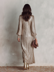 FJØRNA V-neck maxi dress, elegant cocktail dress with flowing fabric and flattering fit, suitable for formal events and evening wear.
