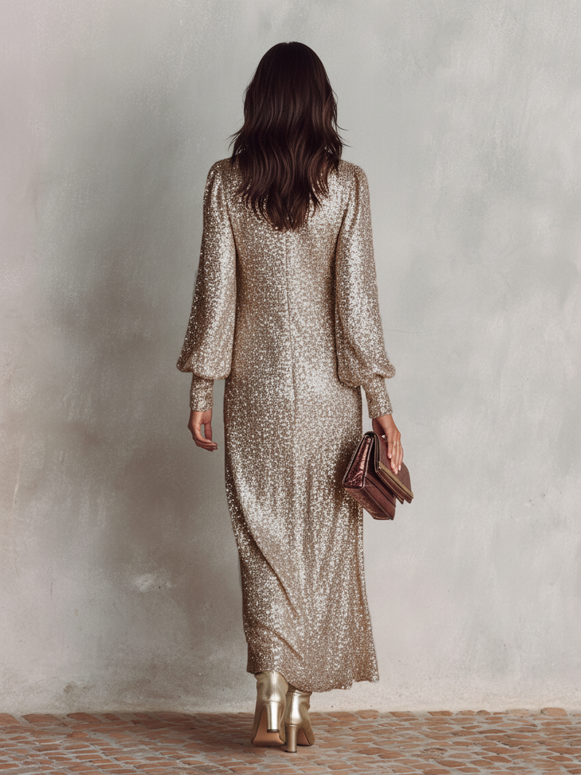 FJØRNA V-neck maxi dress, elegant cocktail dress with flowing fabric and flattering fit, suitable for formal events and evening wear.