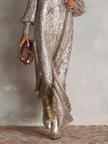 FJØRNA V-neck maxi dress, elegant cocktail dress with flowing fabric and fitted waist, perfect for formal occasions.