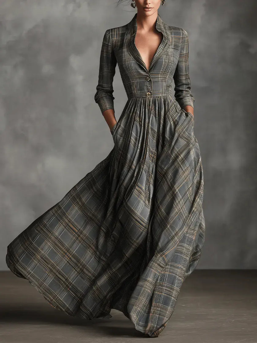 Linen Maxi Dress Women White Tartan A-Line