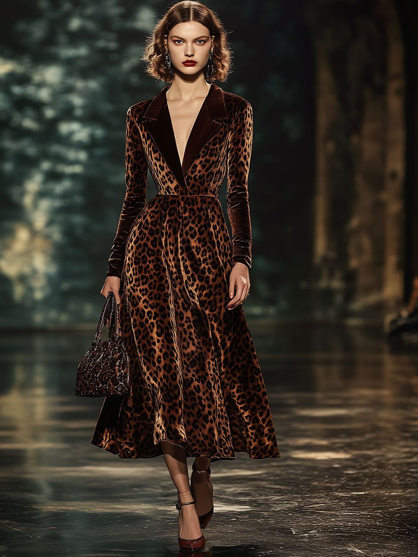 FJØRNA velvet leopard print midi dress, elegant evening dress with long sleeves and fitted silhouette, stylish for special occasions.