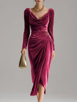 FJØRNA velvet midi evening dress featuring a fitted silhouette, long sleeves, and elegant drape, perfect for formal occasions.