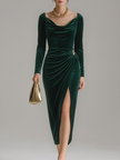 FJØRNA velvet midi dress for evening wear, featuring a sleek, elegant silhouette with a smooth, luxurious fabric finish.