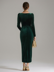 FJØRNA velvet midi evening dress with elegant drape and long sleeves, perfect for formal occasions.