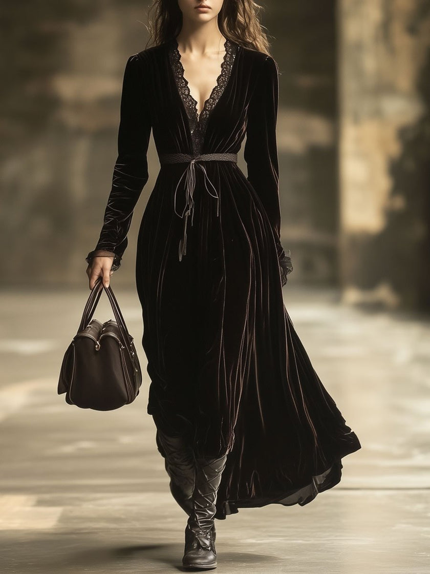 FJØRNA velvet v-neck maxi dress for evening wear, featuring a flowing silhouette and elegant design, perfect for formal occasions.