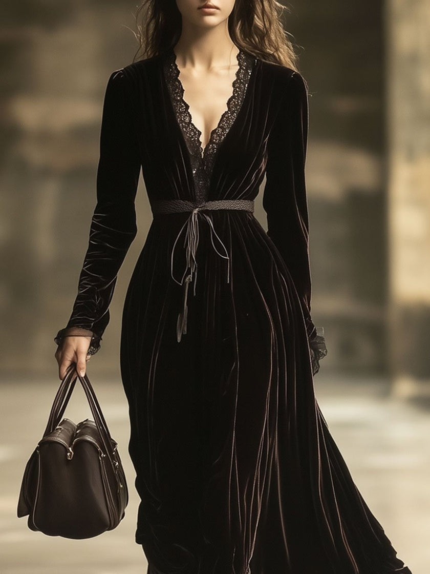 FJØRNA velvet V-neck maxi dress for evening wear, flowing fabric, elegant long dress with a V-neckline, stylish and sophisticated.