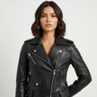 PU Leather Biker Jacket Women Vintage Fitted Silver Zip