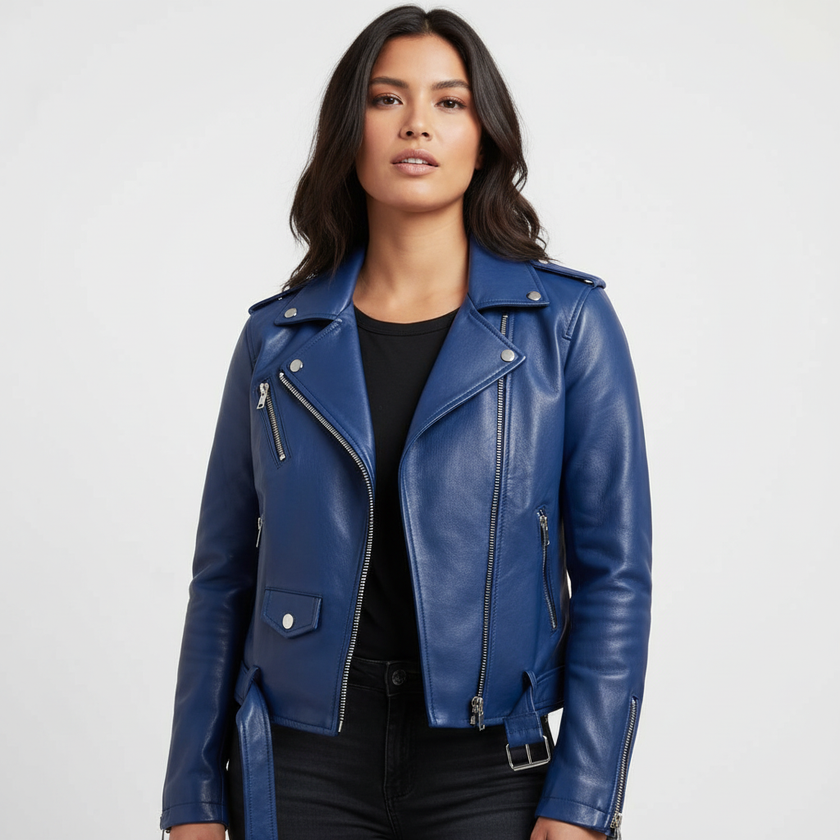 PU Leather Biker Jacket Women Vintage Fitted Silver Zip