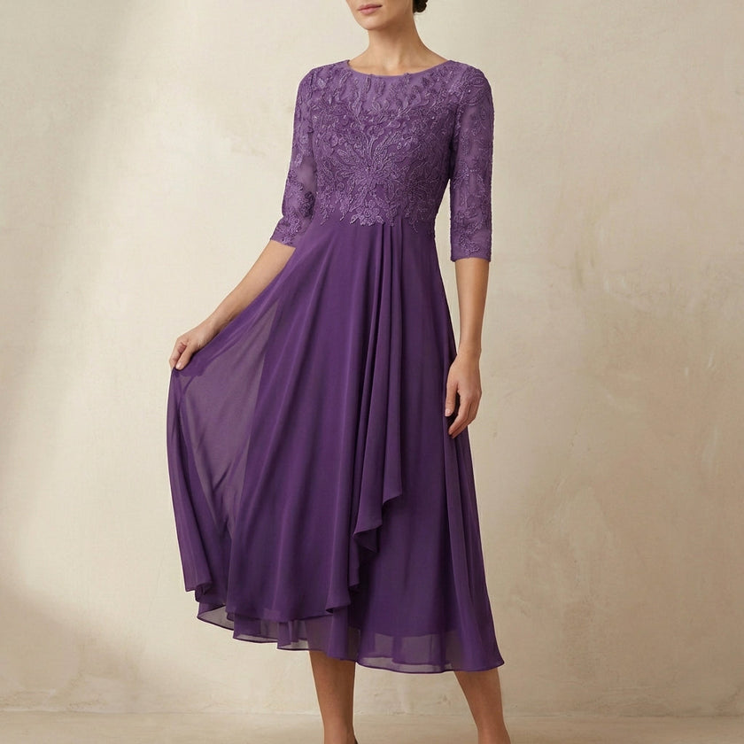 Violet FJØRNA elegant midi bodycon chiffon dress for women, showcasing a fitted silhouette and flowing fabric.